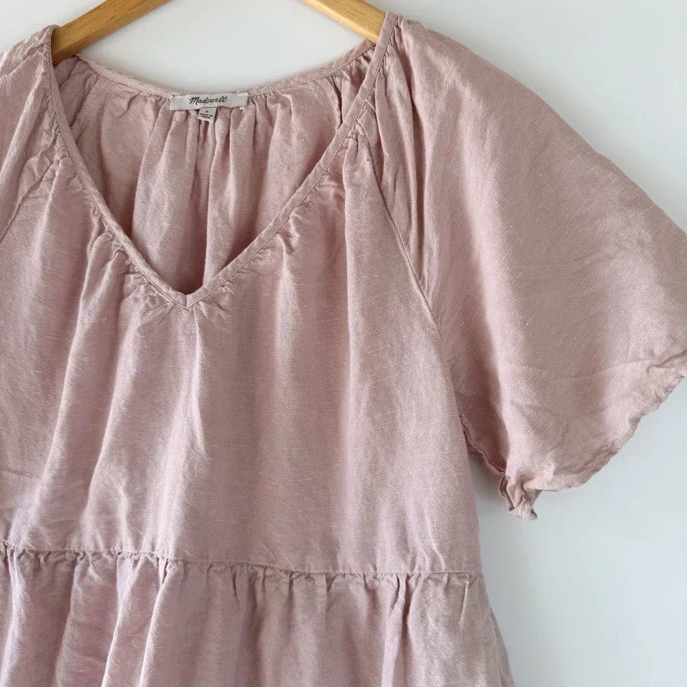 Madewell Linen Blend Lorelei Mini‎ Dress Size Small $98 Tiered Pink Pockets